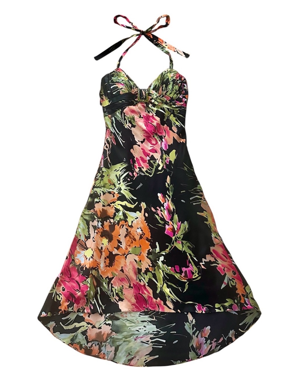 Vintage Y2K Cache Black Multicolor Floral Print Silk Halter Midi Dress Size 2